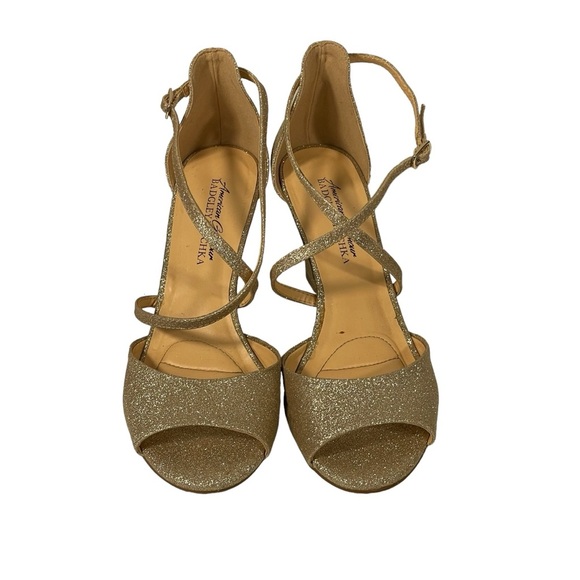 American Glamour Badgley Mischka Gold Glitter Dressy Strappy Wedge Sandals Sz 7 - Picture 2 of 14